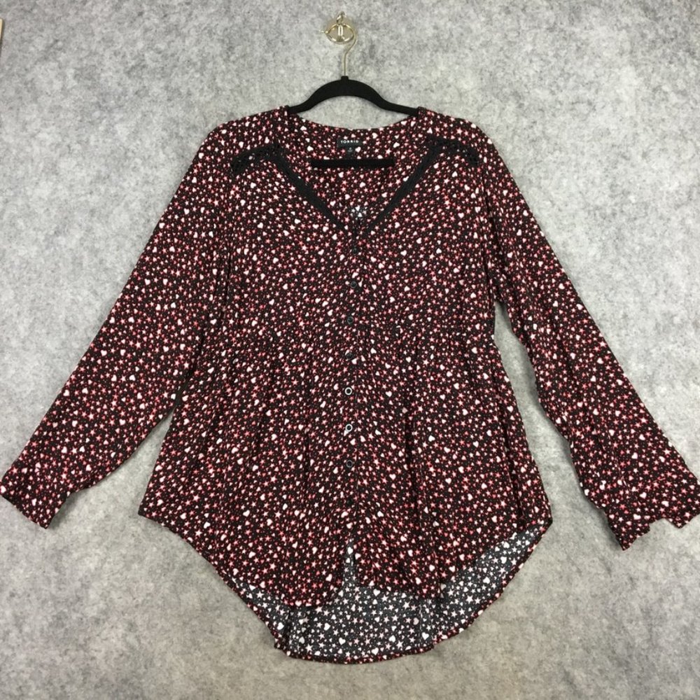 Torrid Top 0 0X Blouse Shirt Babydoll Long Sleeve High Low Star Heart Print